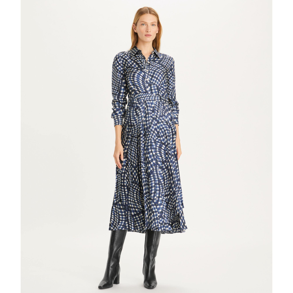Tory Burch checked pleated silk-twill midi dress Size 12